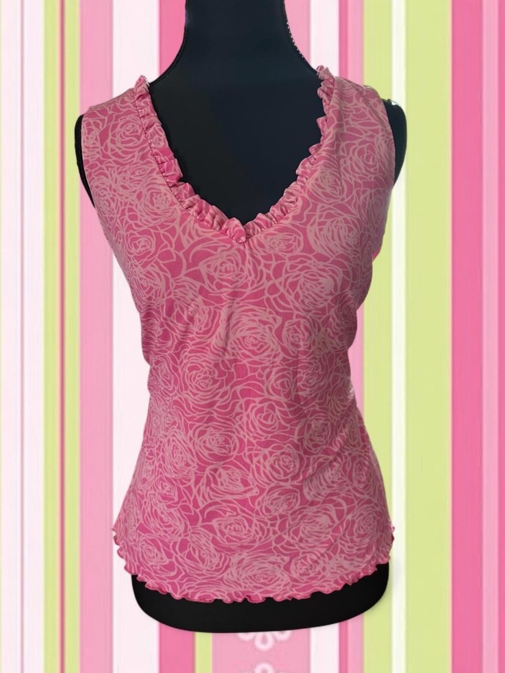 Vintage Y2K INC Pink Rose Mesh Tank Top Women’s Large Coquette 2000s Fairy 90s